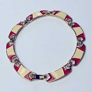 Vintage Monet 18" Retro/Deco Enameled Red/Cream Gold Plated Links Necklace